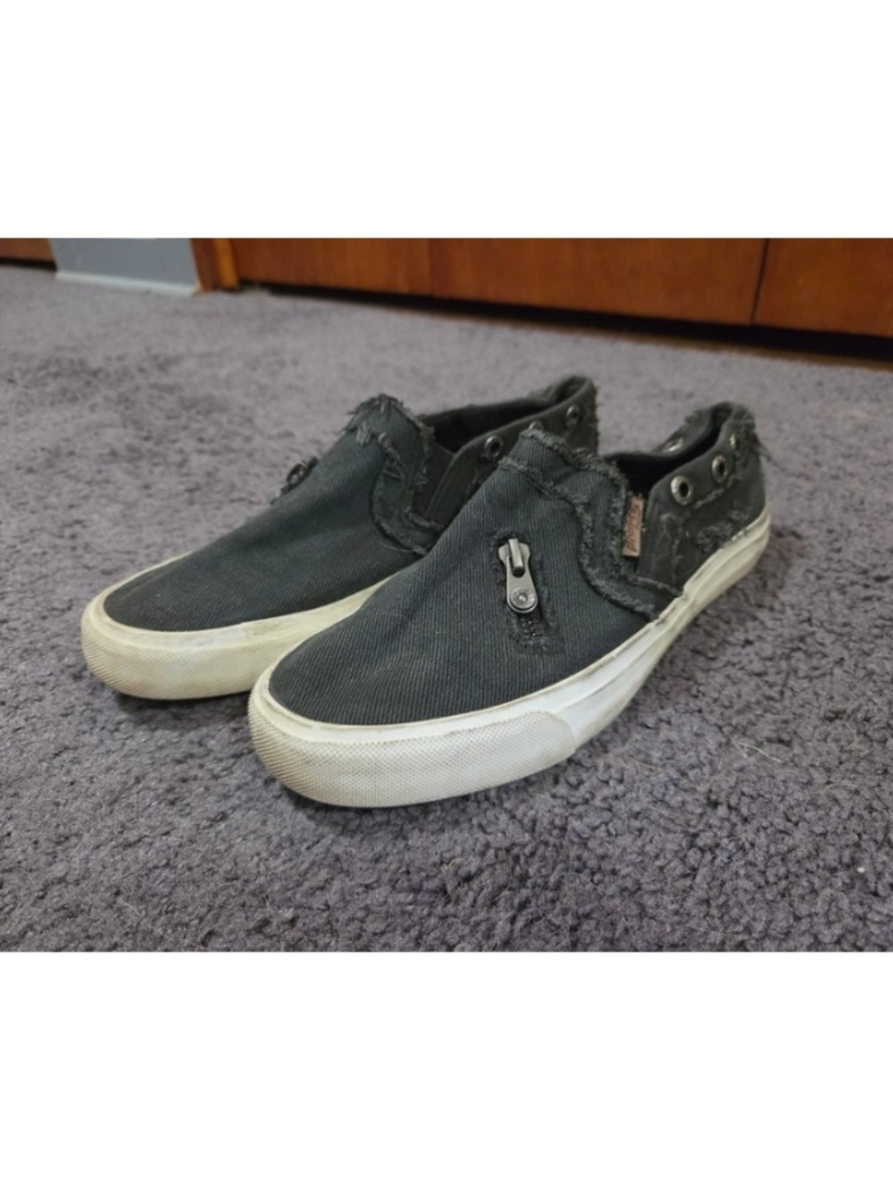 Blowfish Black Canvas Slip-On Loafers with Zip Accent